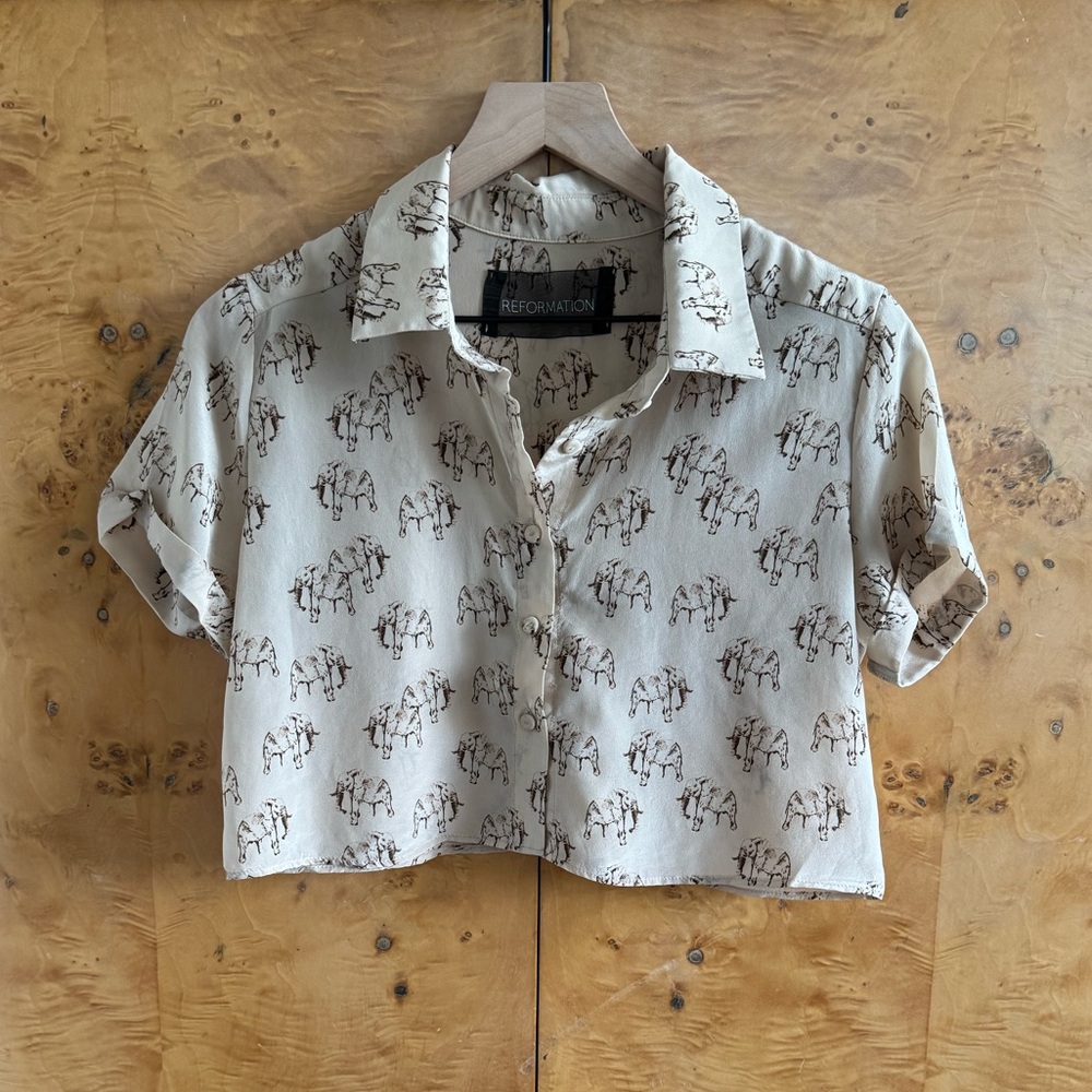 Reformation Elephant Print Cropped Button Down Short Sleeve Shirt - RARE